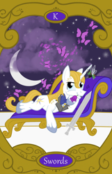 Size: 900x1400 | Tagged: safe, artist:sixes&sevens, imported from derpibooru, prince blueblood, breezie, butterfly, breeziefied, crescent moon, fainting couch, flower, king of swords, moon, mouth hold, ninth doctor, rose, species swap, sword, tarot card, weapon