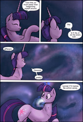 Size: 1920x2816 | Tagged: safe, artist:shieltar, imported from derpibooru, part of a set, twilight sparkle, pony, unicorn, comic:giant twilight, comic, cute, dialogue, female, giant pony, giant twilight sparkle, giantess, growth, jewelry, macro, magic, mare, necklace, part of a series, pony bigger than a planet, pony bigger than a solar system, pony bigger than a star, pony heavier than a black hole, signature, size difference, solo, space, stars, unicorn twilight