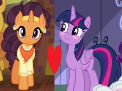 Size: 641x479 | Tagged: safe, edit, edited screencap, imported from derpibooru, screencap, saffron masala, twilight sparkle, alicorn, pony, spice up your life, the ending of the end, blushing, crack shipping, female, heart, lesbian, shipping, shipping domino, twiffron, twilight sparkle (alicorn)