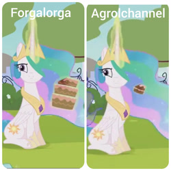 Size: 1920x1920 | Tagged: safe, artist:agrol, artist:forgalorga, imported from derpibooru, princess celestia, pony, animator comparison, cake, cake comparison, cakelestia, comparison, difference, food, magic, magic aura, sitting, telekinesis