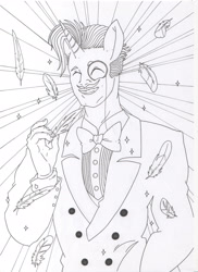 Size: 2087x2874 | Tagged: safe, artist:mohawkrex, imported from derpibooru, fancypants, anthro, bowtie, clothes, eyes closed, feather, human facial structure, male, monochrome, monocle, smiling, solo, sparkles, suit, traditional art