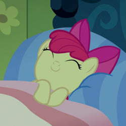 Size: 901x901 | Tagged: safe, imported from derpibooru, screencap, apple bloom, earth pony, pony, bloom and gloom, adorabloom, bed, cropped, cute, eyes closed, female, filly, mimir, sleeping, smiling, solo