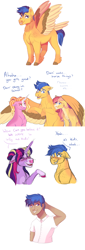 Size: 2000x5856 | Tagged: safe, artist:uunicornicc, imported from derpibooru, flash sentry, luster dawn, twilight sparkle, oc, oc:strawberry sunrise, alicorn, human, pony, blushing, humanized, implied flashlight, implied shipping, implied straight, offspring, parent:flash sentry, parent:sunset shimmer, parents:flashimmer, simple background, tail feathers, twilight sparkle (alicorn), white background