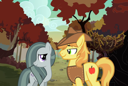 Size: 2064x1387 | Tagged: safe, anonymous artist, imported from derpibooru, braeburn, marble pie, earth pony, pony, autumn, braeble, crack shipping, female, forest, leaves, looking at each other, male, path, scenery, shipping, smiling, straight, tree, youtube link, youtube link in the description