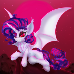 Size: 2500x2500 | Tagged: safe, artist:rurihal, imported from derpibooru, rarity, alicorn, bat pony, bat pony alicorn, pony, alicornified, bat ponified, bat wings, blood moon, blushing, cloud, ear fluff, female, full moon, horn, leg fluff, moon, night, race swap, raribat, raricorn, sky, solo, spread wings, stars, wings