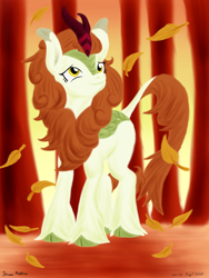 Size: 1800x2400 | Tagged: safe, artist:rockhoppr3, imported from derpibooru, autumn blaze, kirin, autumn, cloven hooves, falling leaves, female, forest, leaves, smiling, solo, tree