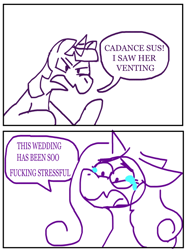 Size: 500x667 | Tagged: safe, artist:barkerking, imported from derpibooru, queen chrysalis, twilight sparkle, pony, unicorn, a canterlot wedding, 2 panel comic, among us, comic, crossover, crying, crysalis, dialogue, disguise, disguised changeling, duo, fake cadance, female, mare, monochrome, open mouth, speech bubble, sus (among us), unicorn twilight, vulgar