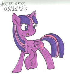 Size: 854x916 | Tagged: safe, artist:cmara, imported from derpibooru, twilight sparkle, alicorn, pony, female, mare, open mouth, raised hoof, simple background, solo, traditional art, twilight sparkle (alicorn), white background