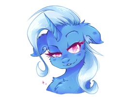 Size: 1000x800 | Tagged: safe, artist:silversweety, imported from derpibooru, trixie, pony, unicorn, bust, cheek fluff, chest fluff, ear fluff, female, floppy ears, lidded eyes, mare, neck fluff, no pupils, portrait, simple background, smiling, smirk, solo, white background