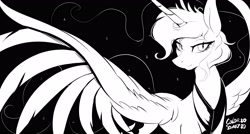 Size: 4096x2200 | Tagged: safe, artist:ask-colorsound, imported from derpibooru, princess luna, alicorn, pony, black and white, female, grayscale, high res, mare, monochrome, solo, spread wings, wings