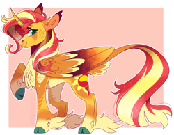 Size: 1168x907 | Tagged: safe, artist:wanderingpegasus, imported from derpibooru, sunset shimmer, alicorn, pony, alicornified, alternate hairstyle, chest fluff, curved horn, cute, ear fluff, female, horn, leg fluff, leonine tail, mare, markings, race swap, raised hoof, redesign, shimmerbetes, shimmercorn, smiling, solo, sunset shimmer day, unshorn fetlocks