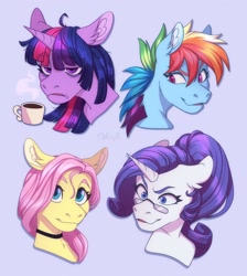 Size: 1838x2048 | Tagged: safe, artist:morsyr, imported from derpibooru, fluttershy, rainbow dash, rarity, twilight sparkle, pegasus, pony, unicorn, annoyed, bust, choker, chokershy, cup, ear fluff, emotions, female, floppy ears, glasses, group, hot drink, lidded eyes, looking at you, mare, morning ponies, quartet, smiling, stray strand, three quarter view