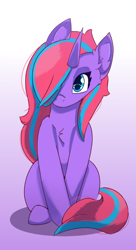 Size: 432x792 | Tagged: safe, artist:backgroundpony#f352, imported from derpibooru, oc, oc only, pony, unicorn, blue eyes, eyes open, female, fluffy, gradient background, head tilt, horn, mare, simple background, sitting, solo