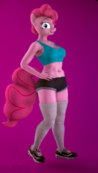 Size: 2160x3840 | Tagged: safe, artist:foxventus, imported from derpibooru, pinkie pie, anthro, plantigrade anthro, 3d, breasts, clothes, female, open mouth, pink background, shoes, shorts, simple background, socks, solo, source filmmaker, sports bra, thigh highs