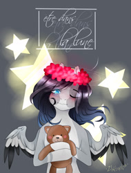 Size: 1280x1681 | Tagged: safe, artist:zloitoaster, imported from derpibooru, oc, oc only, pegasus, pony, bust, flower, flower in hair, one eye closed, pegasus oc, signature, solo, spread wings, stars, teddy bear, wings, wink