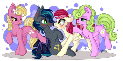 Size: 4503x2232 | Tagged: safe, artist:julunis14, imported from derpibooru, daisy, flower wishes, lily, lily valley, roseluck, oc, oc:spark gap, bat pony, earth pony, pony, fanfic:fine print, bat pony oc, bat wings, blushing, canon x oc, ear blush, embarrassed, flower trio, rosegap, shipping, simple background, tongue out, transparent background, wings