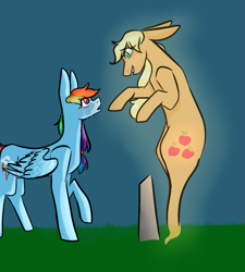 Size: 899x1000 | Tagged: safe, artist:pawstheartest, imported from derpibooru, applejack, rainbow dash, earth pony, ghost, pegasus, pony, undead, duo, female, gravestone, looking at each other, mare, raised hoof