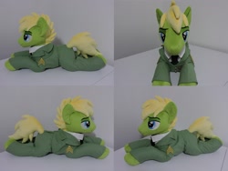 Size: 1597x1199 | Tagged: safe, artist:little-broy-peep, imported from derpibooru, oc, oc:applesnack, oc:steelhooves, pony, fallout equestria, clothes, irl, lying down, male, missing accessory, photo, plushie, prone, solo, stallion, uniform