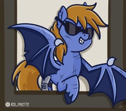 Size: 1280x1127 | Tagged: safe, artist:redpalette, imported from derpibooru, oc, bat pony, pony, bat pony oc, bat wings, cute, disabled, fangs, male, smiling, spread wings, sunglasses, wings