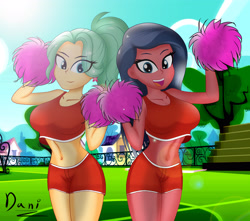 Size: 3500x3100 | Tagged: safe, artist:danielitamlp, imported from derpibooru, desert sage, garden grove, equestria girls, bleachers, breasts, busty desert sage, busty garden grove, cheerleader, cheerleader outfit, clothes, duo, high res, looking at you, midriff, open mouth, pom pom, shorts, soccer field, tree