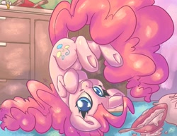 Size: 2048x1583 | Tagged: safe, artist:leadhooves, imported from derpibooru, pinkie pie, earth pony, pony, batter, bowl, colored pupils, cute, diapinkes, dock, egg (food), female, food, hooves to the chest, kitchen, mare, ponk, solo, spoon, upside down