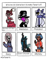 Size: 842x1014 | Tagged: source needed, useless source url, safe, artist:alexlikestuff, imported from derpibooru, queen chrysalis, anthro, changeling, changeling queen, robot, six fanarts, anthro with ponies, baroness von bon bon, bna: brand new animal, clothes, crossover, cuphead, female, little witch academia, mettaton, michiru kagemori, oneshot, smiling, undertale