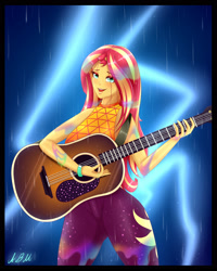 Size: 2000x2500 | Tagged: safe, artist:albertbm, imported from derpibooru, sunset shimmer, equestria girls, equestria girls series, let it rain, spoiler:eqg series (season 2), acoustic guitar, clothes, cutie mark, cutie mark on clothes, female, guitar, high res, looking at you, musical instrument, open mouth, pants, singing, solo