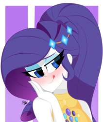 Size: 870x1024 | Tagged: safe, artist:xan-gelx, edit, editor:thomasfan45, imported from derpibooru, rarity, human, equestria girls, abstract background, bare shoulders, blushing, blushing profusely, clothes, cute, digital art, eyeshadow, female, licking, licking lips, lidded eyes, makeup, music festival outfit, ponytail, raribetes, sexy, signature, solo, tongue out