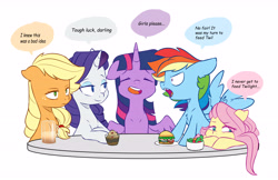 Size: 5416x3504 | Tagged: safe, artist:chub-wub, imported from derpibooru, applejack, fluttershy, pinkie pie, rainbow dash, rarity, twilight sparkle, alicorn, earth pony, pegasus, pony, unicorn, applejack is not amused, bowl, burger, cropped, cupcake, eyes closed, female, fetish, food, glass, hay burger, herbivore, lesbian, mane six, mare, omniship, open mouth, plate, polyamory, rarilight, salad, shipping, simple background, soda, table, twidash, twijack, twilight sparkle (alicorn), twilight sparkle gets all the mares, twishy, unamused, white background