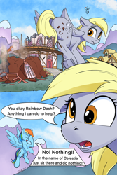 Size: 2000x3000 | Tagged: safe, artist:tsitra360, imported from derpibooru, derpy hooves, rainbow dash, pegasus, pony, comic:the last roundup resized, the last roundup, butt, comic, destruction, female, floppy ears, frog (hoof), giant derpy hooves, giant pegasus, giant pony, giantess, i just don't know what went wrong, macro, open mouth, plot, ponyville, scene interpretation, town hall, underhoof