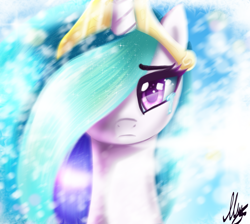 Size: 1900x1700 | Tagged: safe, artist:melanyschaffer, artist:opal_radiance, imported from derpibooru, princess celestia, alicorn, pony, bust, female, frown, hair over one eye, mare, portrait, sad, signature, solo, teary eyes