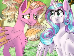 Size: 1024x768 | Tagged: safe, artist:karathepony, imported from derpibooru, luster dawn, princess flurry heart, alicorn, pony, alicornified, chest fluff, colored wings, colored wingtips, crown, duo, female, forest, jewelry, looking at each other, lustercorn, mare, older, older flurry heart, regalia, signature, smiling