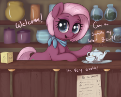 Size: 2500x2000 | Tagged: safe, artist:t72b, imported from derpibooru, jasmine leaf, earth pony, pony, bipedal, bipedal leaning, counter, cup, female, food, leaning, mare, neckerchief, solo, tea, tea shop, teacup, teapot, text