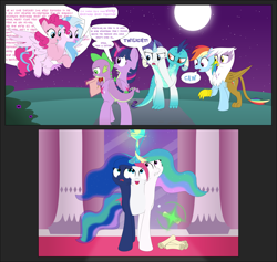 Size: 2849x2696 | Tagged: safe, artist:mlpconjoinment, imported from derpibooru, gilda, pinkie pie, princess celestia, princess ember, princess luna, rainbow dash, rarity, silverstream, spike, twilight sparkle, oc, oc:vocal love, conjoined, fusion, fusion:princess ember, fusion:rarity, multiple heads, this will end in jail time, three heads, two heads, wat, we have become one, what has magic done, what has science done