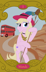 Size: 900x1400 | Tagged: safe, artist:sixes&sevens, imported from derpibooru, pony, ace of wands, bus, double decker bus, hat, iris wildthyme, pinecone, ponified, tarot card