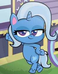 Size: 839x1061 | Tagged: safe, artist:grapefruitface1, imported from derpibooru, trixie, pony, unicorn, my little pony: pony life, base used, crossed legs, g4.5, grass, hoof on hip, leaning, lidded eyes, looking at you, show accurate, trixie's wagon