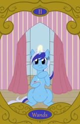 Size: 900x1400 | Tagged: safe, artist:sixes&sevens, imported from derpibooru, minuette, pony, unicorn, curtains, doctor who, open window, sonic screwdriver, tarot card, two of wands, window