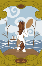 Size: 900x1400 | Tagged: safe, artist:sixes&sevens, imported from derpibooru, pipsqueak, facing away, oar, ocean, older, older pipsqueak, pier, ship, tarot card, three of wands, water