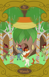 Size: 900x1400 | Tagged: safe, artist:sixes&sevens, imported from derpibooru, autumn blaze, forest fall, maple brown, sparkling brook, kirin, banner, dancing, four of wands, kirin village, ribbon, tarot card, tree