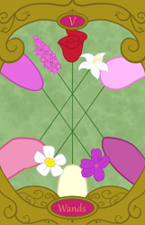 Size: 900x1400 | Tagged: safe, artist:sixes&sevens, imported from derpibooru, daisy, flower wishes, lily, lily valley, roseluck, oc, oc:hyacinth bouquet, oc:violet potts, daisy (flower), five of wands, flower, hooves, hyacinth, rose, tarot card, violet (flower)