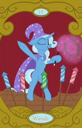 Size: 900x1400 | Tagged: safe, artist:sixes&sevens, imported from derpibooru, trixie, bipedal, cape, clothes, curtains, fireworks, hat, laurel wreath, six of wands, stage, tarot card, trixie's cape, trixie's hat, wand