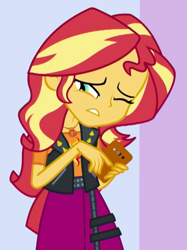 Size: 407x543 | Tagged: safe, imported from derpibooru, screencap, sunset shimmer, a fine line, equestria girls, equestria girls series, cropped, female, geode of empathy, magical geodes, one eye closed, phone, solo