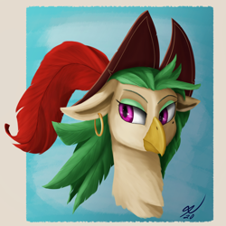 Size: 2160x2160 | Tagged: safe, artist:tenebrisnoctus, imported from derpibooru, captain celaeno, anthro, parrot pirates, my little pony: the movie, beauty mark, bust, ear piercing, earring, female, hat, jewelry, piercing, pirate, portrait, smiling, solo