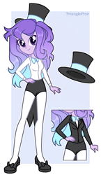 Size: 1100x1900 | Tagged: safe, artist:picasu, artist:trianglepine, imported from derpibooru, oc, oc only, oc:luno presto, cyber-questria, equestria girls, bowtie, clothes, equestria girls-ified, female, flats, hat, magician, magician outfit, multicolored hair, shirt, shoes, shorts, socks, solo, spy, stockings, suit, thigh highs, top hat