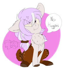 Size: 3000x3500 | Tagged: safe, imported from derpibooru, oc, oc only, oc:little chip, deer, deer pony, hybrid, original species, chest fluff, cloven hooves, droopy ears, ear fluff, female, filly, floppy ears, pouting, simple background, sitting, solo, speech bubble, two toned mane, white background