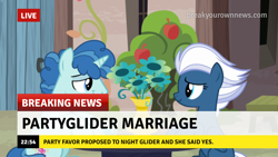 Size: 1280x720 | Tagged: safe, edit, edited screencap, imported from derpibooru, screencap, night glider, party favor, pegasus, pony, unicorn, break your own news, breaking news, female, looking at each other, male, mare, partyglider, shipping, smiling, stallion, straight