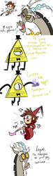 Size: 1280x4200 | Tagged: safe, artist:artmarina-arts, imported from derpibooru, discord, human, bill cipher, bowtie, bust, comic, crossover, cyrillic, dialogue, female, gravity falls, hat, male, russian, top hat, translated in the comments