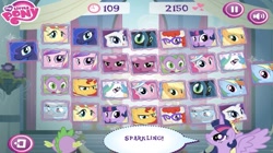 Size: 1279x716 | Tagged: safe, imported from derpibooru, applejack, cheerilee, fluttershy, pinkie pie, princess cadance, princess celestia, princess luna, queen chrysalis, rainbow dash, rarity, silver spoon, spike, sunset shimmer, twilight sparkle, twist, alicorn, changeling, dragon, earth pony, pegasus, pony, unicorn, magical mystery cure, clothes, coronation dress, dress, game, hasbro, looking at you, mane six, memory match, official, smiling, twilight sparkle (alicorn)