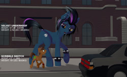 Size: 4200x2550 | Tagged: safe, artist:styroponyworks, imported from derpibooru, oc, oc:scribblesketch, oc:velvet underhoof, pony, 3d, blender, car, giant earth pony, giant pony, macro, mixed media, size comparison, size difference, street