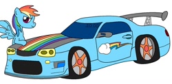 Size: 900x444 | Tagged: safe, artist:gauntletporsche, imported from derpibooru, rainbow dash, pegasus, pony, car, female, mare, nissan, nissan skyline, simple background, skyline r34, smiling, solo, white background, wings